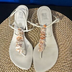 Women’s Pelle Moda White Shell Embellished Thong Sandals Size 10